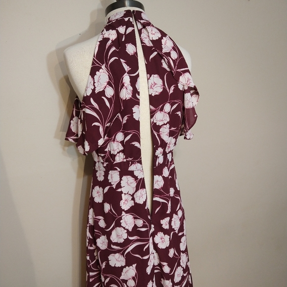 Lauren Conrad Runway Floral Ruffle Burgundy High Neckline Midi Dress 4 - Picture 8 of 12
